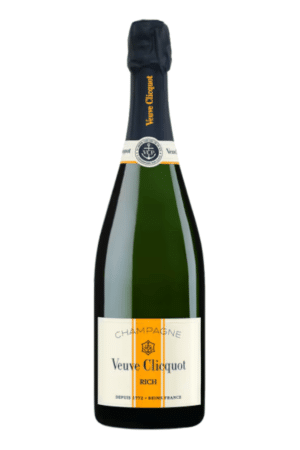Veuve Clicquot Rich champagne bottle with orange label stripes and sealed cork neck capeside.