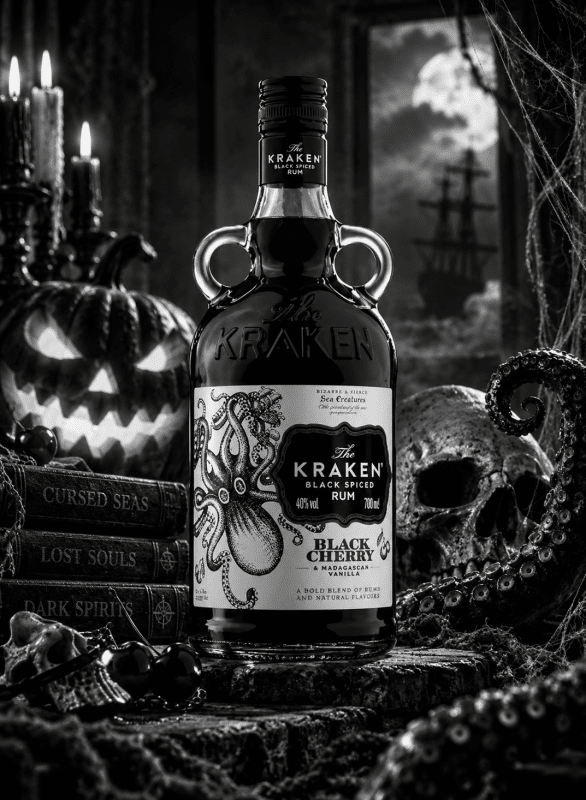 Center-positioned bottle of The Kraken Black Spiced Rum in a gothic Halloween setup with a skull, pumpkin, cobwebs, and a moonlit ship in the background, black-and-white.