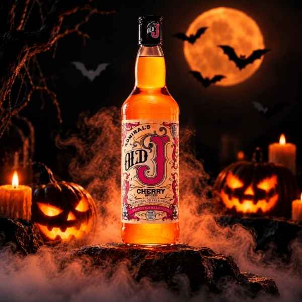 Bottle of cherry ale stands on a foggy stone surface, surrounded by jack-o'-lanterns, candles, bats, and an orange full moon.