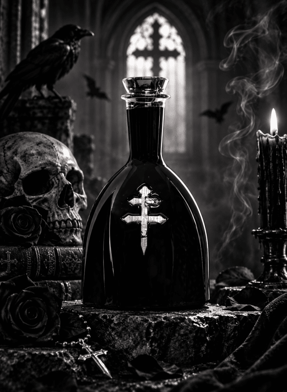 Gothic still life with a dark glass bottle bearing a cross emblem, skull, rosary, raven statue, and lit candle in a dungeon-like setting