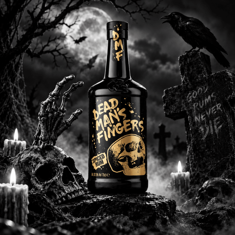 Bottle of Dead Man's Fingers Spiced Rum in an eerie graveyard scene with skulls, candles, a crow, and a full moon.