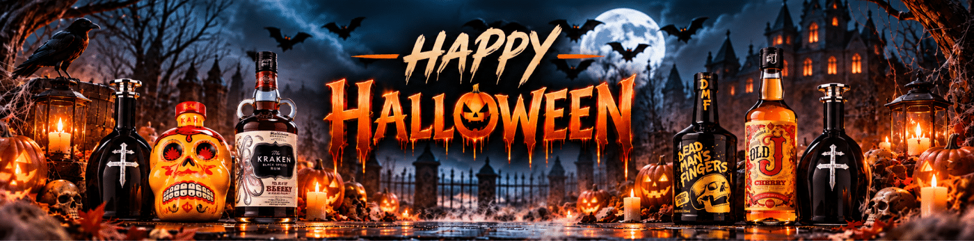 Halloween-themed banner showing a row of liquor bottles, pumpkins, candles, and bats against a spooky castle backdrop with a glowing “Happy Halloween” title in orange dripping letters.