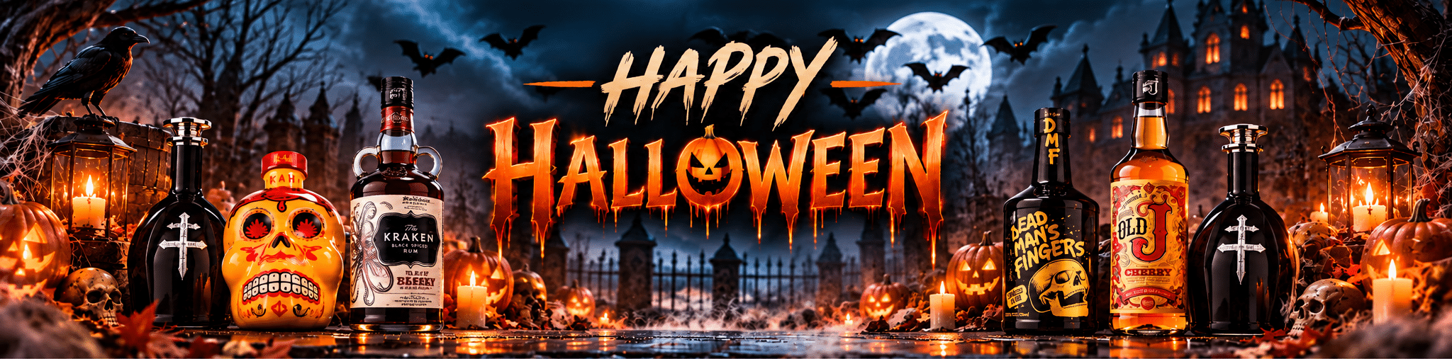 Halloween-themed banner showing a row of liquor bottles, pumpkins, candles, and bats against a spooky castle backdrop with a glowing “Happy Halloween” title in orange dripping letters.