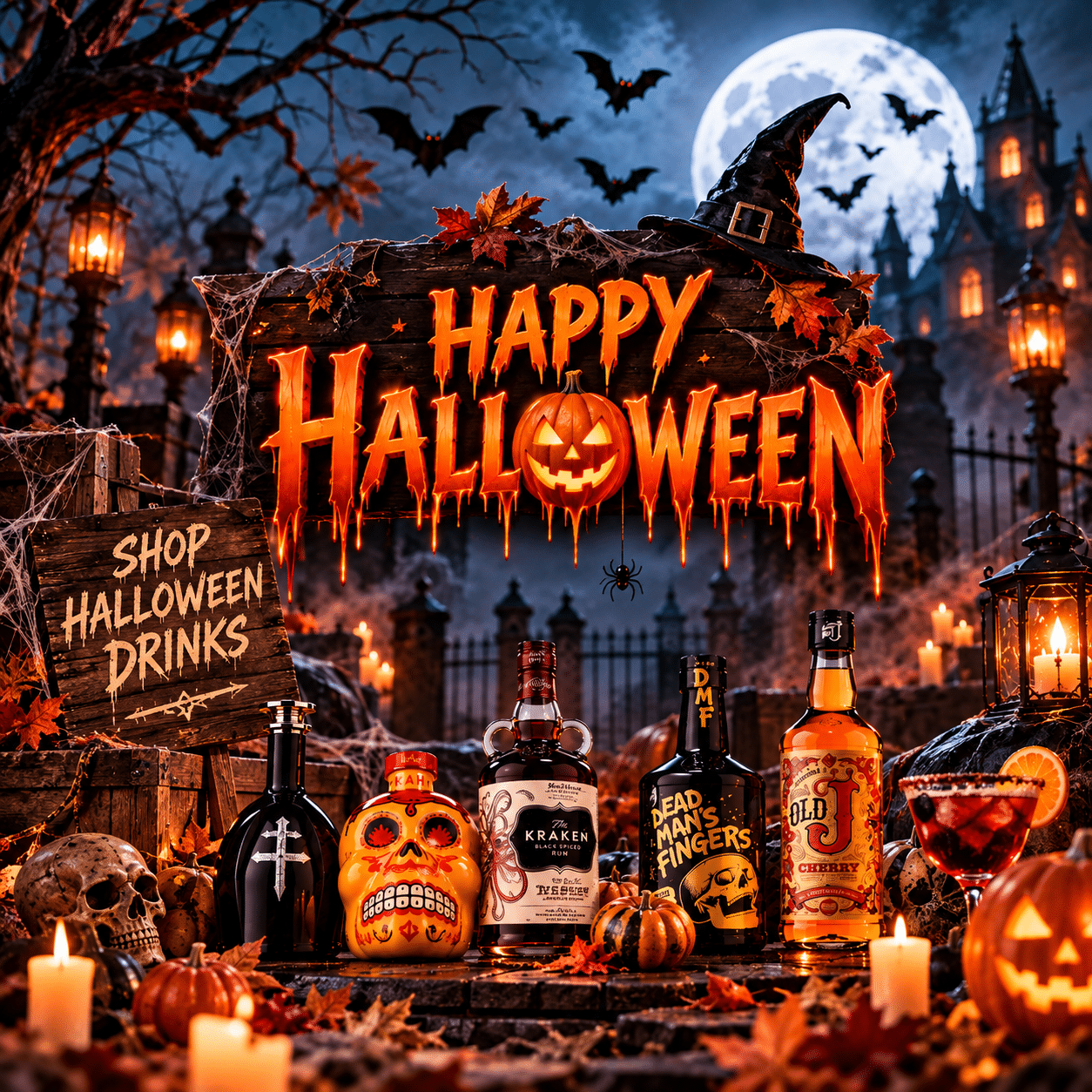 Halloween-themed outdoor bar scene with a glowing 'Happy Halloween' sign, pumpkins, skulls, bottles, bats, and a full moon in the background.
